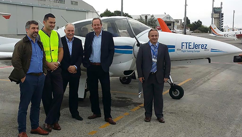 From left to right, Capt. Filippos Siakas, 1st Officer Timur Masharev, Senior Vice President Operations Tony Regan, Mr. Peter Foster Air Astana President, and Oscar Sordo FTEJerez CEO.